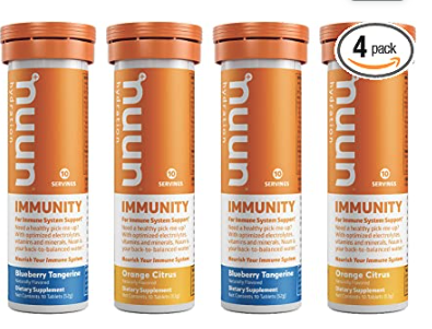 Nuun Immunity: Immune Support Hydration Supplement, Electrolytes, Antioxidants, Vitamin C, Zinc, Turmeric, Elderberry, Ginger, Echinacea - Blueberry Tangerine + Orange Citrus, Pack of 4