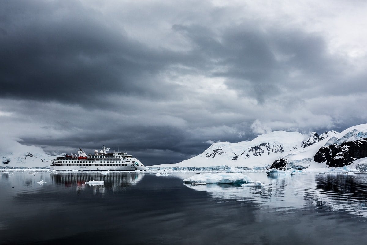 The Greg Mortimer in the waters off Antarctica